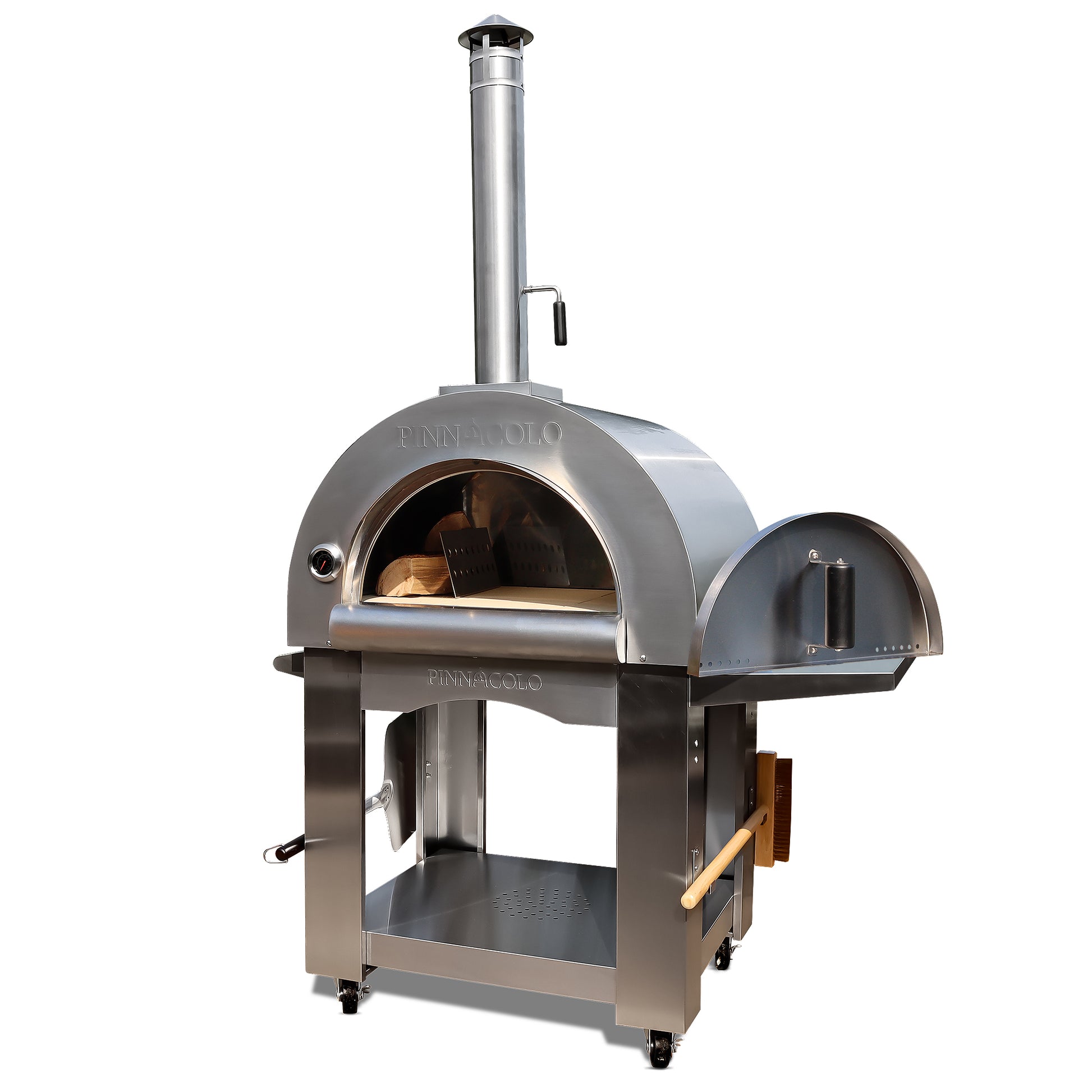 PINNACOLO | PREMIO Wood Fired Outdoor Pizza Oven with Accessories - PPO102 front view with wood in oven 