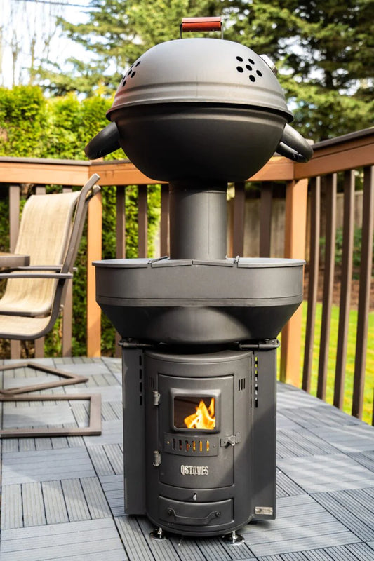 Qstoves Q05X Q-Flame pellet patio heater and QBQ Barbecue Combo